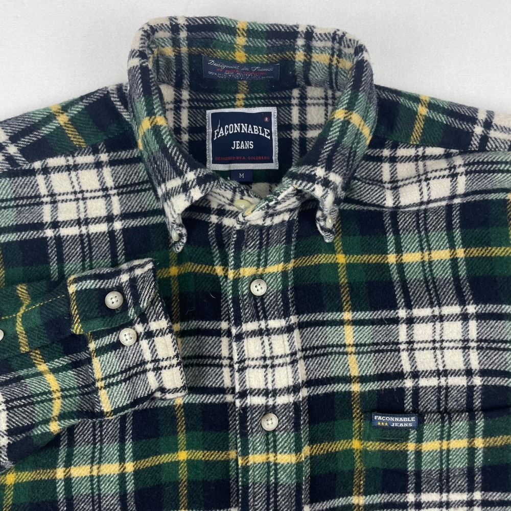 Faconnable Jeans Mens Plaid Wool Blend Flannel Shirt Green Blue Yellow Size M